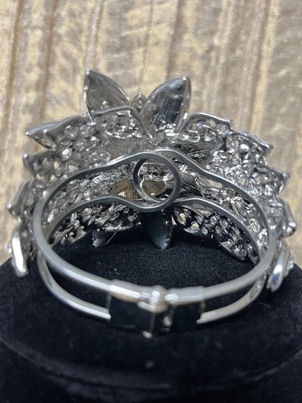 Silver Crystal Floral Statement Cuff Bracelet - Sparkling White